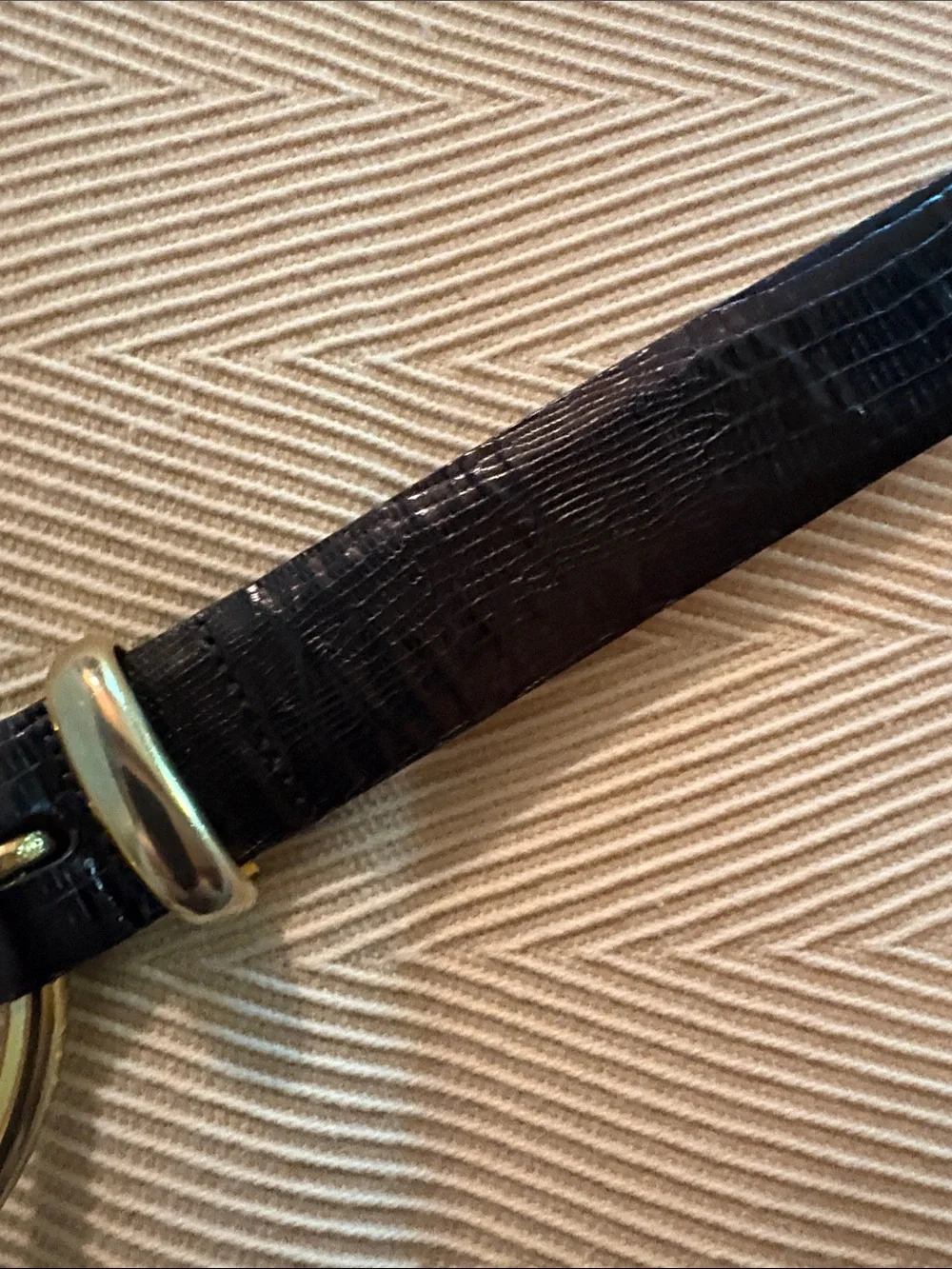 Ellen Tracy Black Leather Belt with Gold Oval Buckle